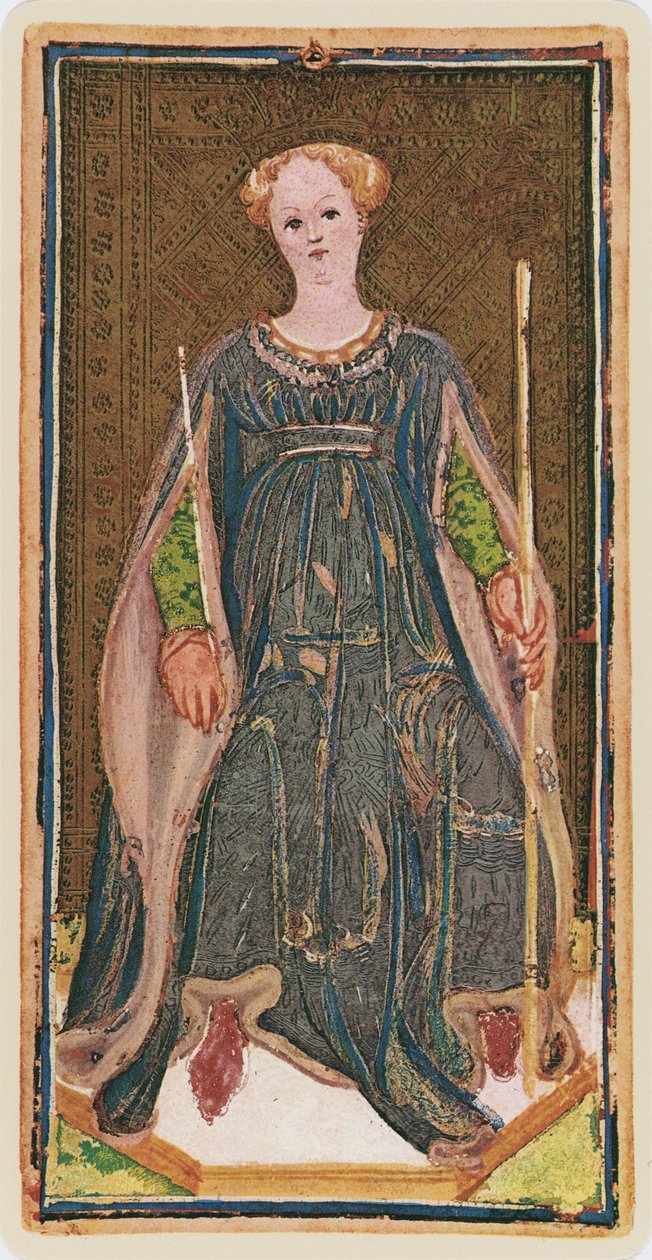 A Rainha de Paus, fac-símile de uma carta de tarô do convés "Visconti", 1441-47 de Bonifacio Bembo