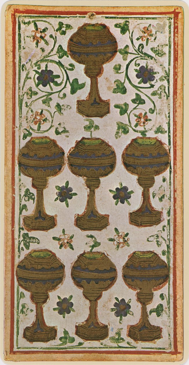 The Seven of Cups, fac-símile de uma carta de tarô do deck &39;Visconti&39;, 1441-47 de Bonifacio Bembo