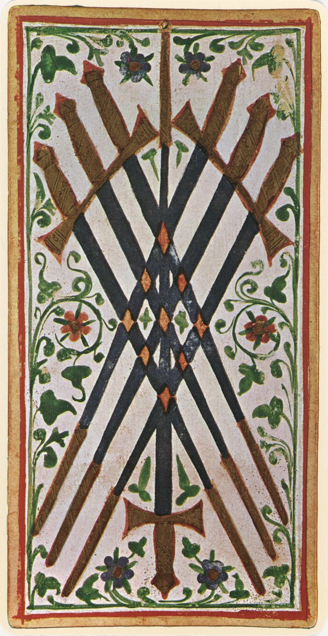 The Seven of Swords, fac-símile de uma carta de tarô do baralho &39;Visconti&39;, 1441-47 de Bonifacio Bembo