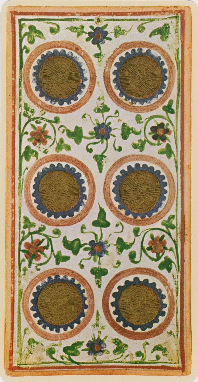 The Six of Coins, fac-símile de uma carta de tarô do deck &39;Visconti&39;, 1441-47 de Bonifacio Bembo