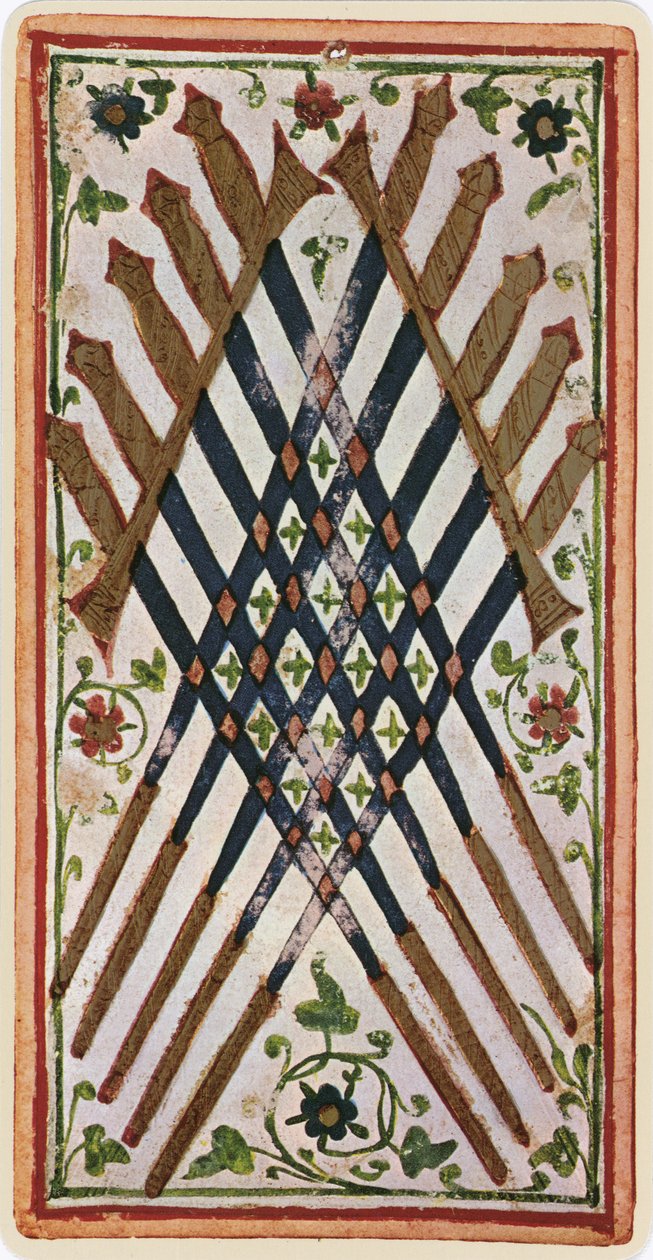 The Ten of Swords, fac-símile de uma carta de tarô do deck &39;Visconti&39;, 1441-47 de Bonifacio Bembo