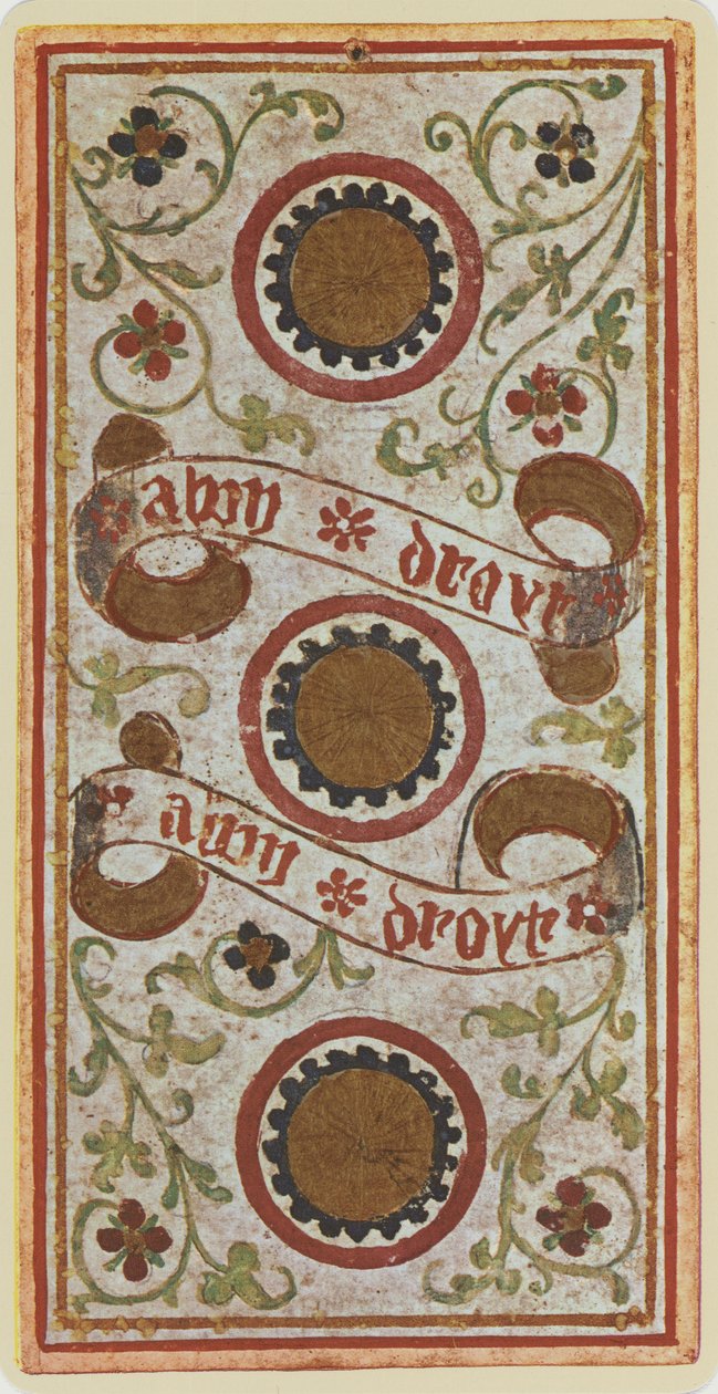 The Three of Coins, fac-símile de uma carta de tarô do deck &39;Visconti&39;, 1441-47 de Bonifacio Bembo