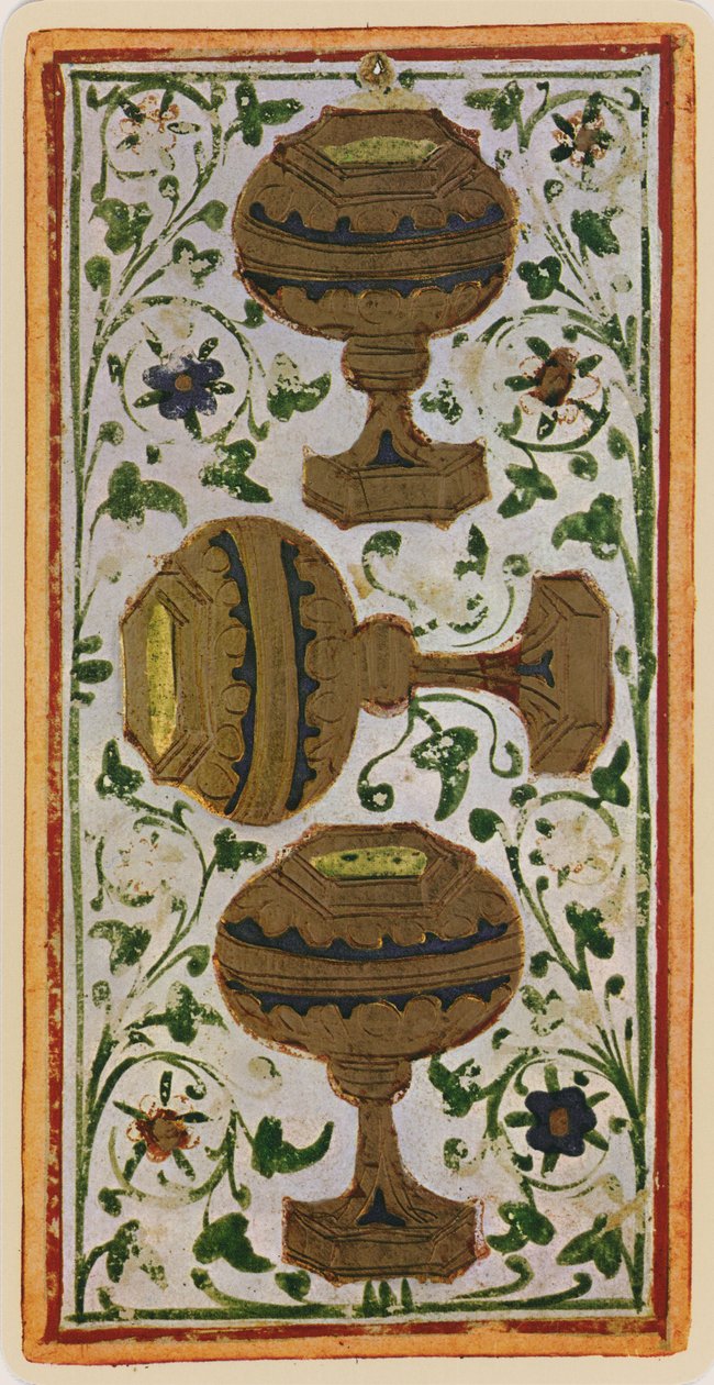 The Three of Cups, fac-símile de uma carta de tarô do deck &39;Visconti&39;, 1441-47 de Bonifacio Bembo