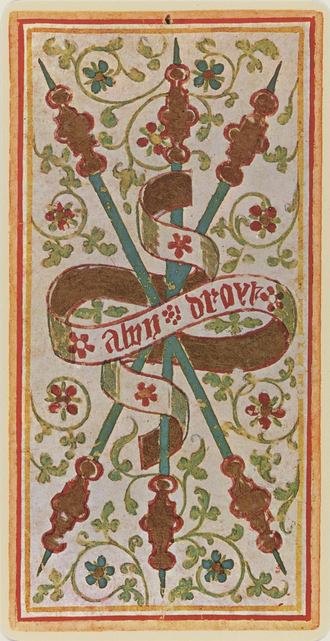 The Three of Wands, fac-símile de uma carta de tarô do deck &39;Visconti&39;, 1441-47 de Bonifacio Bembo