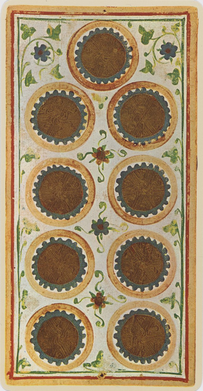 The Nine of Coins, fac-símile de uma carta de tarô do deck &39;Visconti&39;, 1441-47 de Bonifacio Bembo