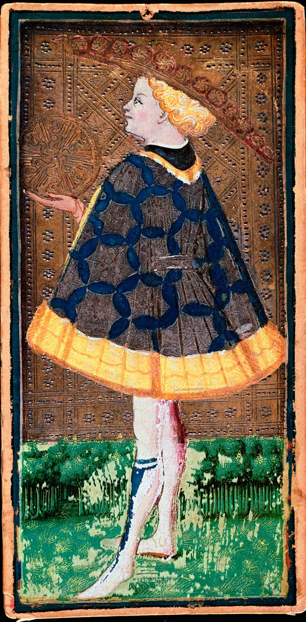 Valet de denier card. Mapa do jogo de Tarô feito por Bonifacio Bembo (1420-1482) para Filippo Maria Visconti, cerca de 1440. Bergamo. Galeria da Academia Carrara de Bonifacio Bembo
