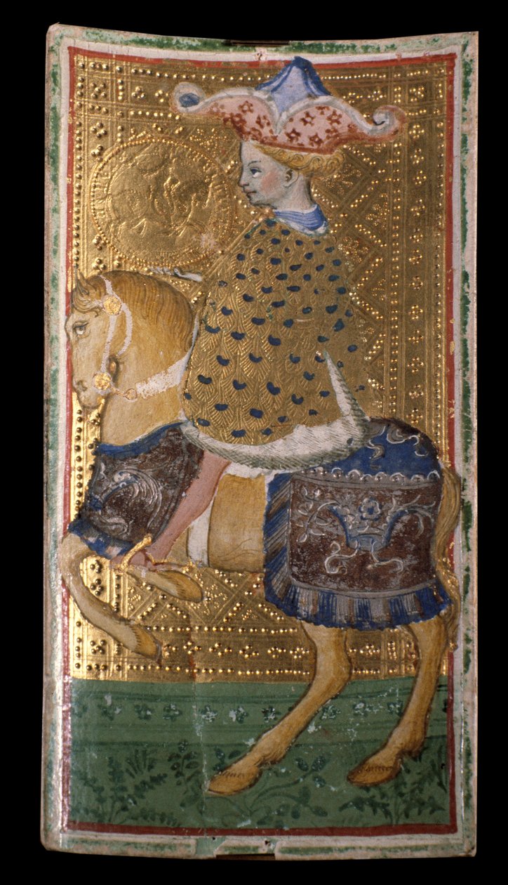 Baralhos de tarô Visconti-Sforza: o cavalo de denari (pintura sobre pergaminho em papelão de Bonifacio Bembo