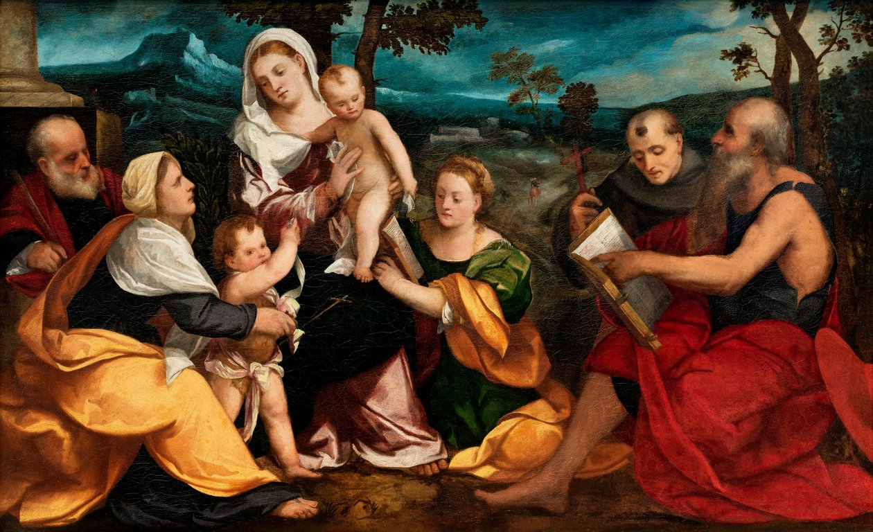 A Sagrada Família rodeada de santos, c.1530 (óleo sobre painel) de Bonifazio Veronese