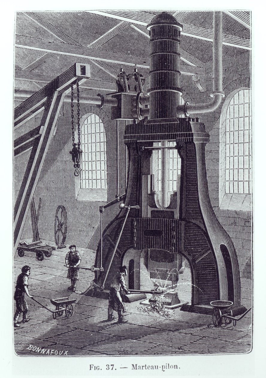 O Le Creusot Power Hammer, ilustração de um livro sobre máquinas industriais, c. 1880 (foto do bw) de Bonnafoux