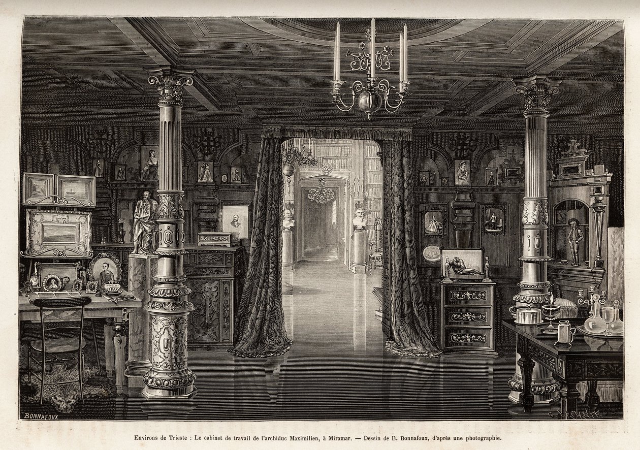 O gabinete de trabalho do Arquiduque da Áustria Maximiliano (1832-1867), no castelo de Miramar, que ele construiu nas proximidades de Trieste, desde 1857, quando foi proclamado vice-rei do reino da Lombardia e Veneto, gravado por B.Bonnafoux ilustração de Bonnafoux Bonnafoux