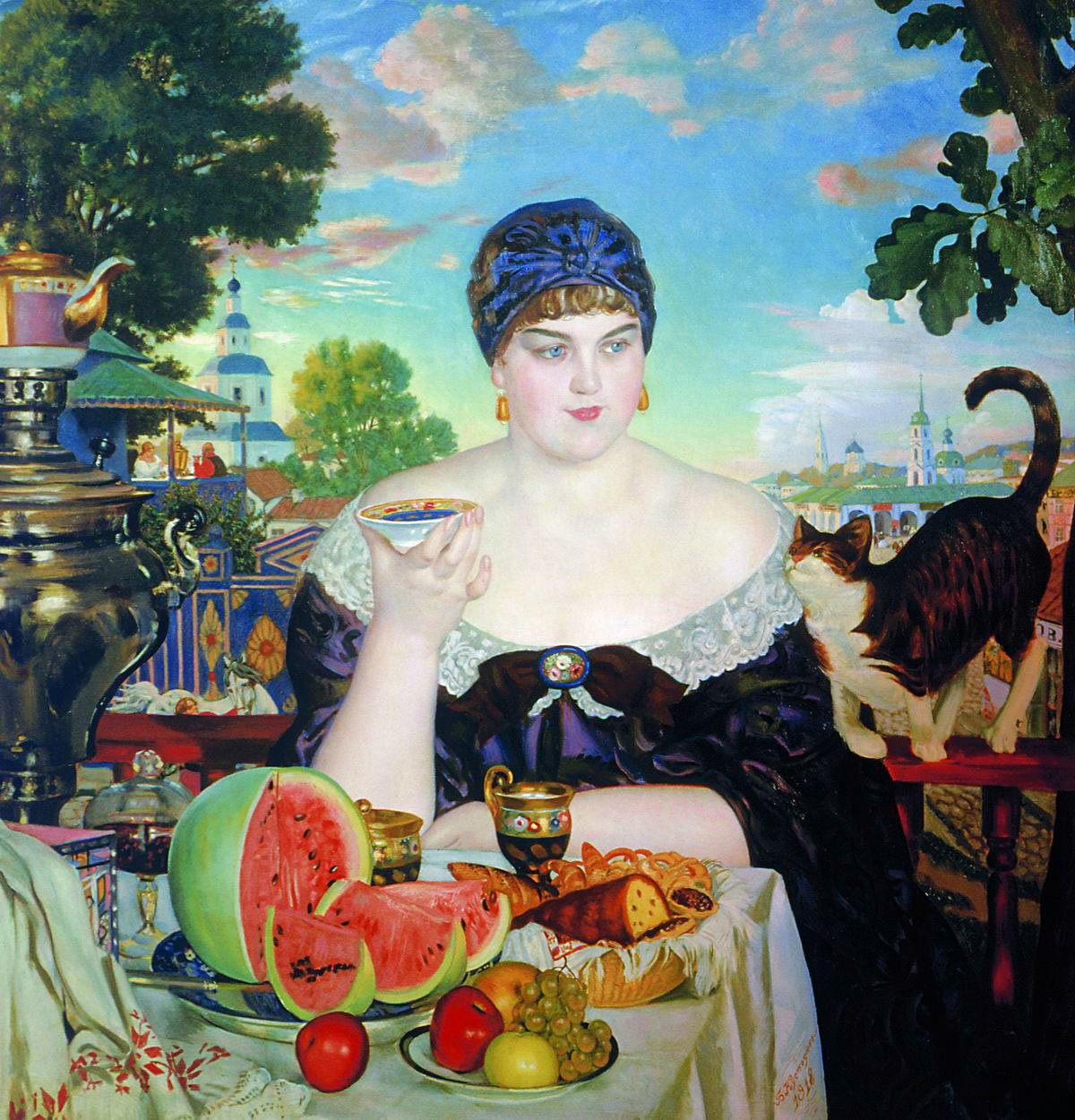 Uma hora do chá de Wifes dos comerciantes de Boris Mikhailovich Kustodiev