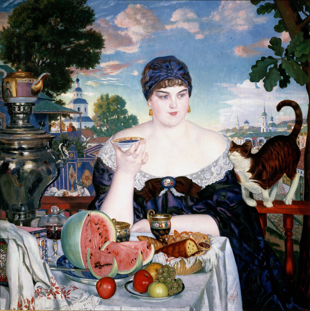 Comerciantes esposa no chá de Boris Mikhailovich Kustodiev