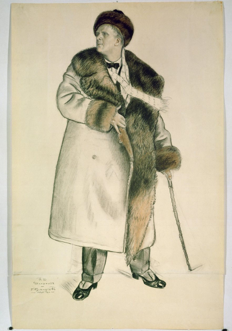 Retrato da cantora de ópera Feodor Ivanovich Chaliapin (1873-1938) 1920-21 (carvão e wc no papel) de Boris Mikhailovich Kustodiev