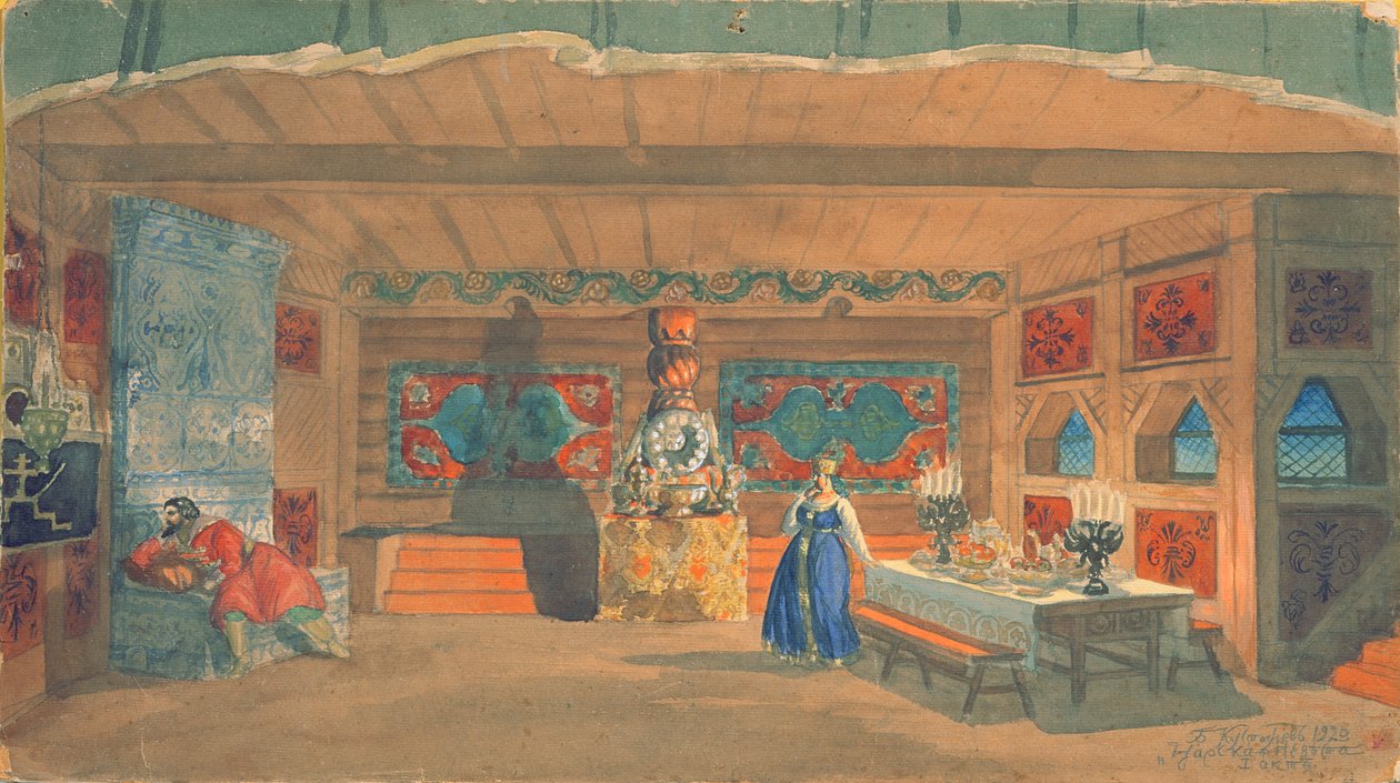 Cenografia da ópera de Rimsky-Korsakov, &39;A noiva do czar&39;, 1920 (wc e guache sobre papel) de Boris Mikhailovich Kustodiev