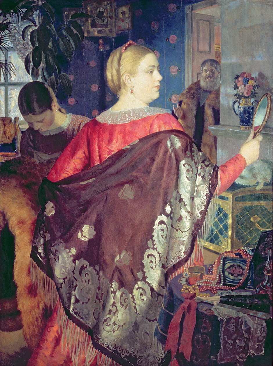 Mulher do comerciante com um espelho de Boris Mikhailovich Kustodiev
