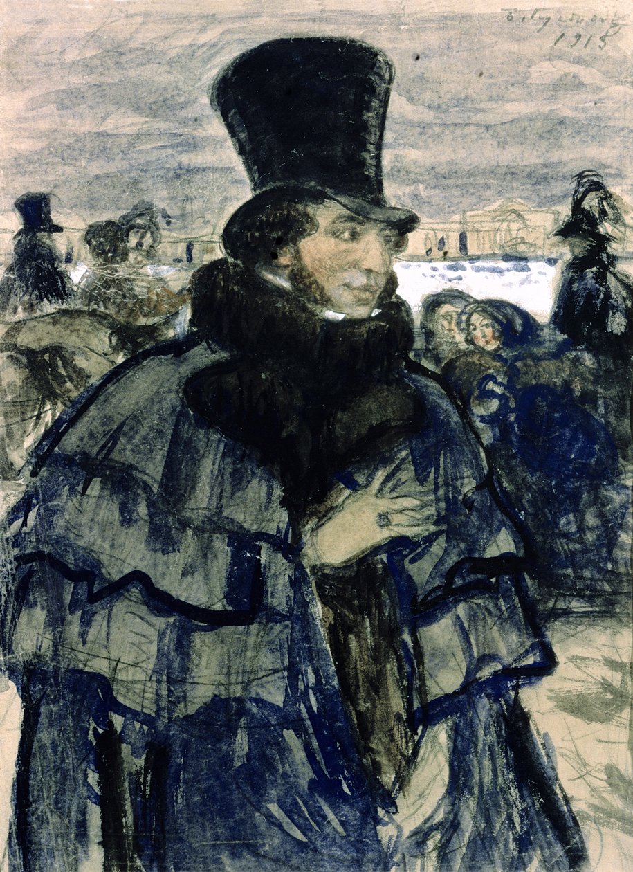 Retrato de Alexander Pushkin (1799-1837) em Neva Embankment, 1915 de Boris Mikhailovich Kustodiev