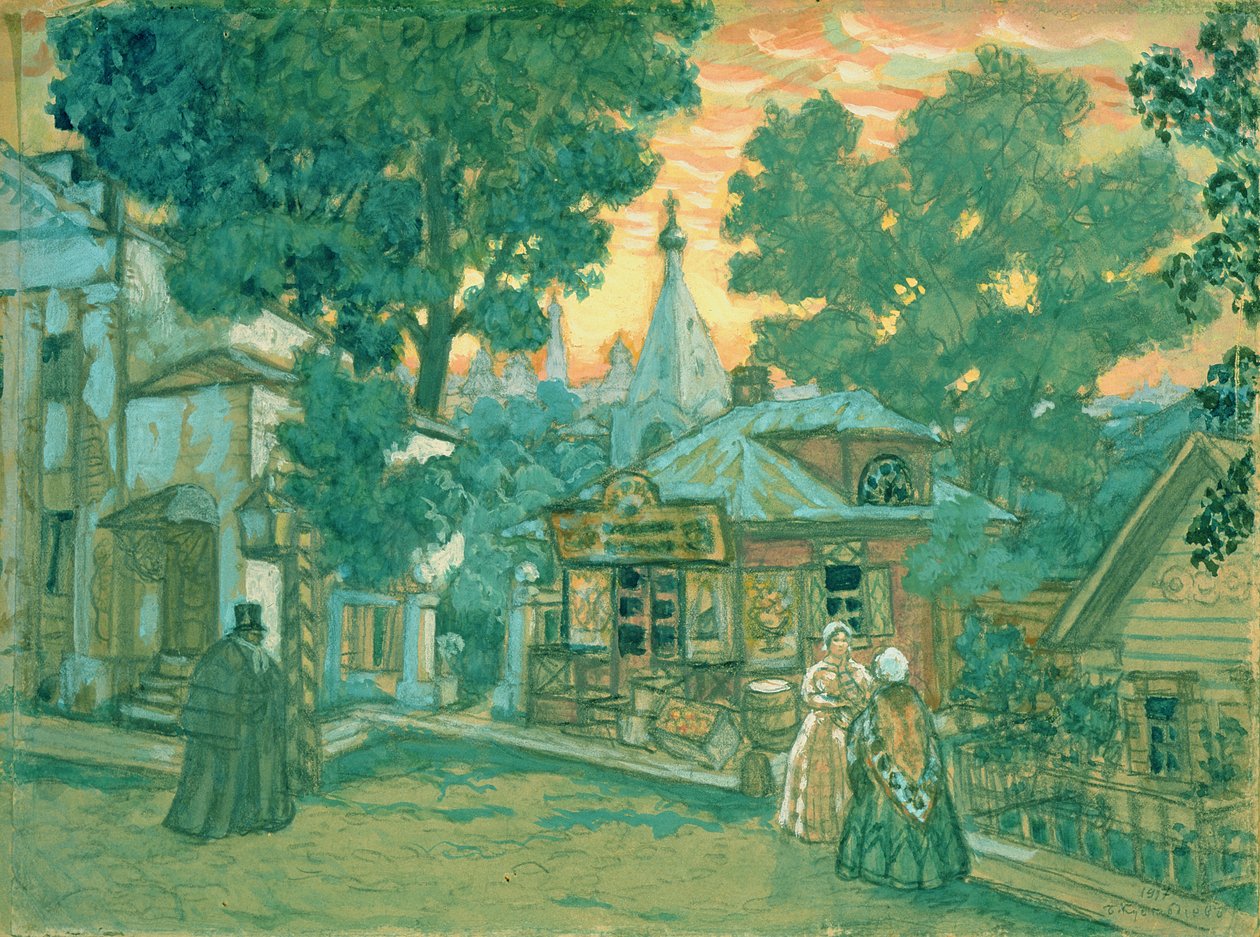 Design de palco para a peça de Ostrovsky &39;Not one penny ...&39;, 1917 (cor branca e branca em papelão) de Boris Mikhailovich Kustodiev