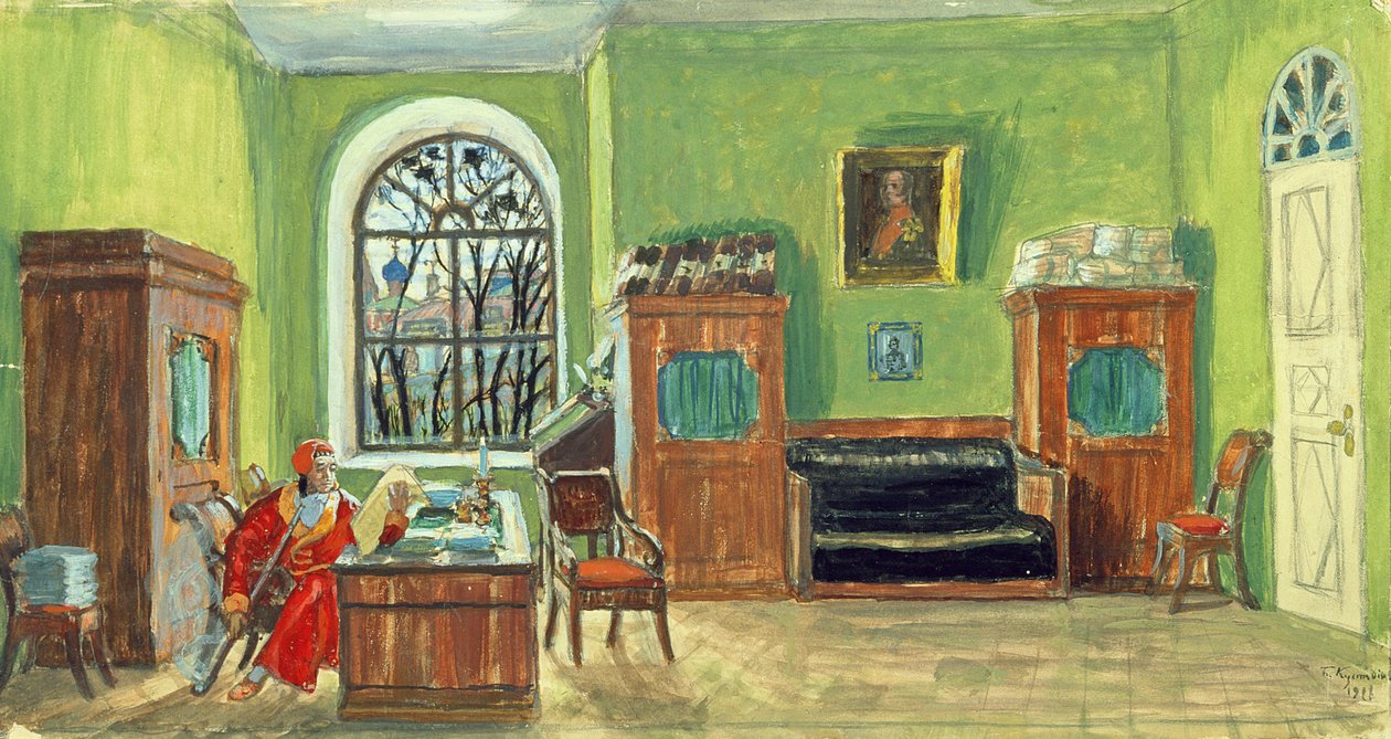 Design de palco para a peça de teatro &39;Morte de Pushkin&39;, de M. Saltykow-Schtschedrin, 1914 (aquarela, guache sobre papel) de Boris Mikhailovich Kustodiev