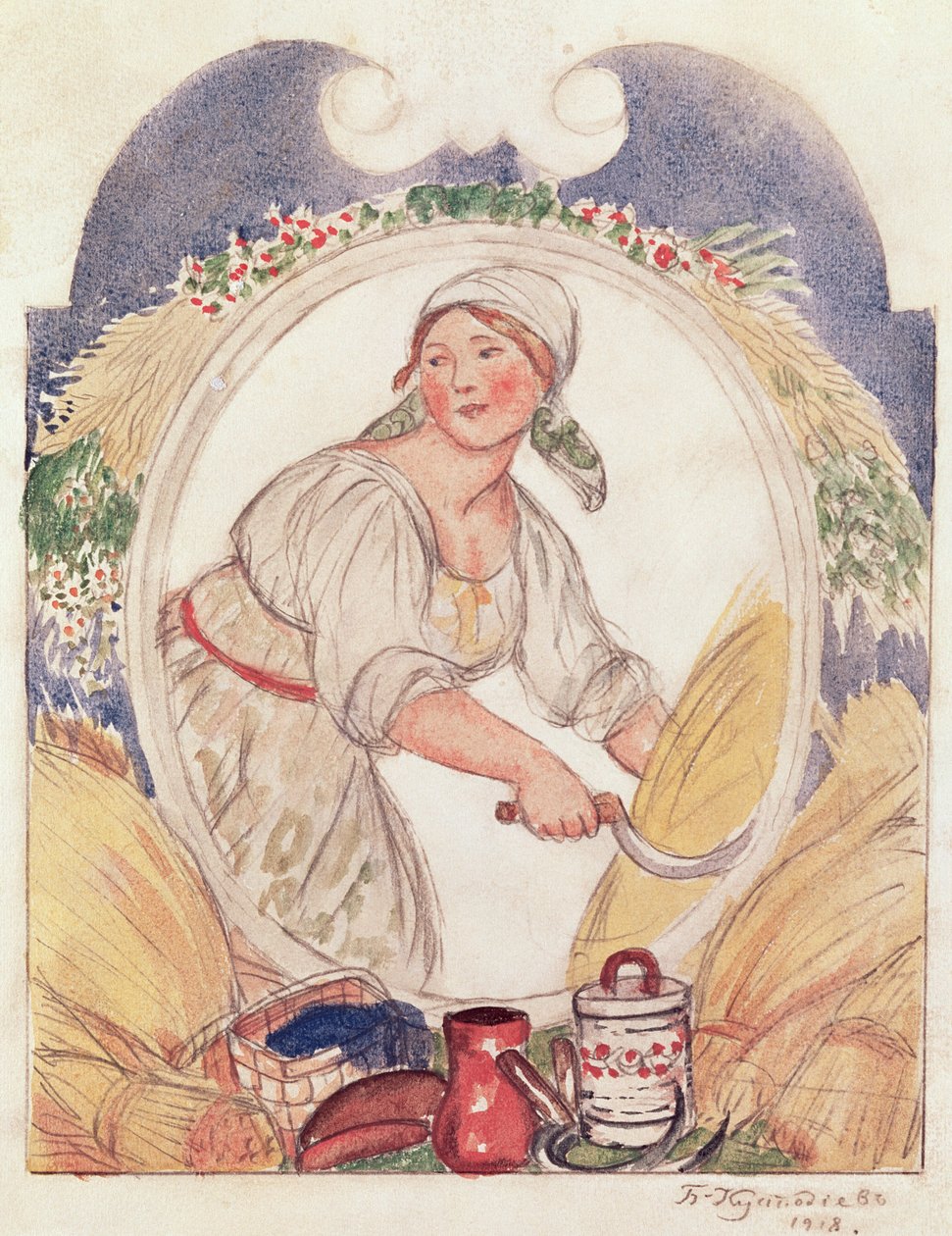 O Ceifador, estuda para a decoração da Praça Ruzheinaya (Rifle) em Petrogrado, 1918 (lápis e wc no papel) de Boris Mikhailovich Kustodiev