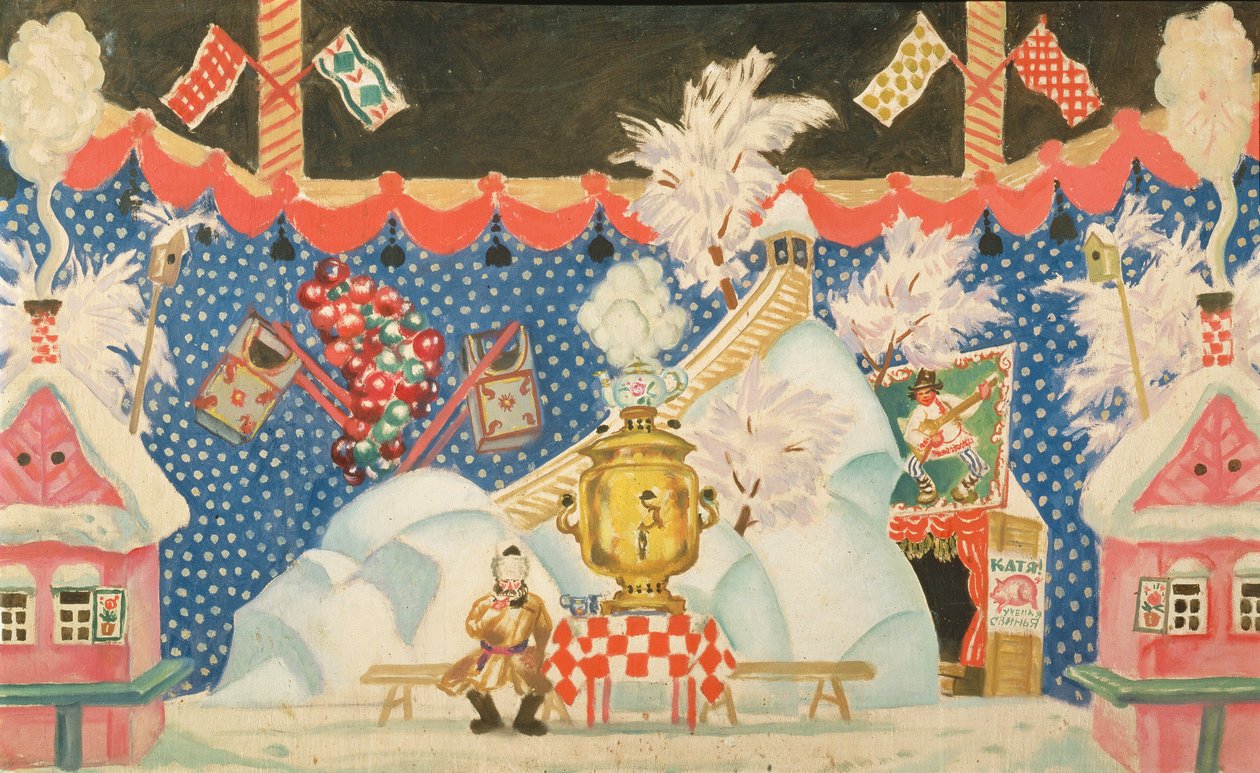 View in Tula, um esboço para a peça de E. Zamyatin, "The Flea", 1925-26 de Boris Mikhailovich Kustodiev