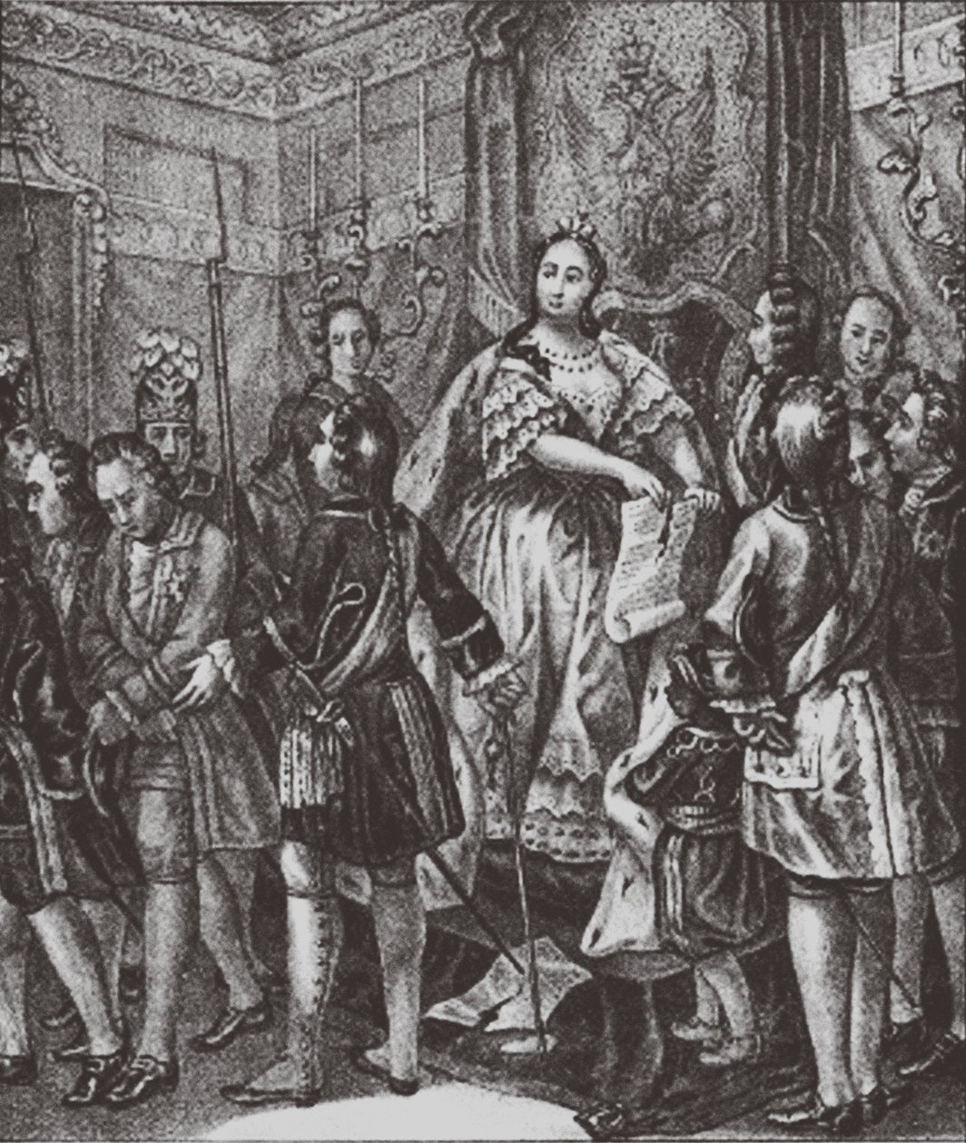 Anna Ioannovna rasgando as condições, 1730 de Boris Artemyevich Chorikov