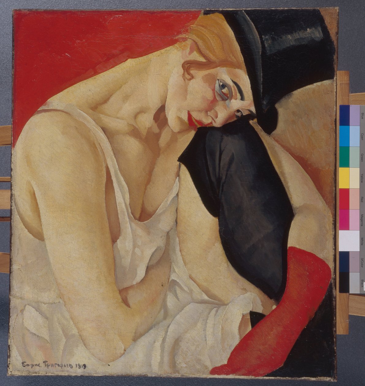Mulher de cartola - Pintura de Boris Dmitryevich Grigoriev (1886-1939), óleo sobre tela (71x62,5 cm) de Boris Dmitrievich Grigoriev