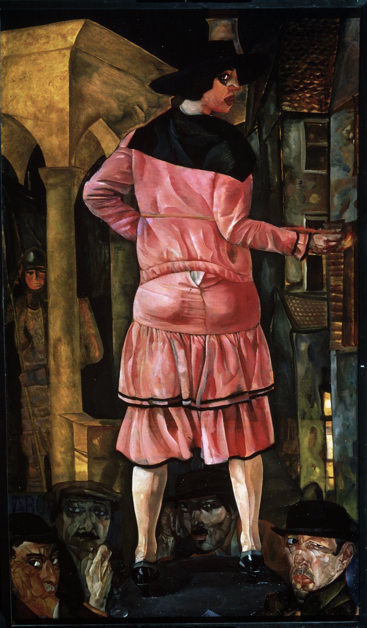 Rua das Loiras. Uma prostituta numa rua de Paris (França), rodeada por rostos de homens de aspecto suspeito, observada por um homem escondido atrás da coluna de um edifício. Pintura de Boris Dmitryevich Grigoriev ( de Boris Dmitrievich Grigoriev
