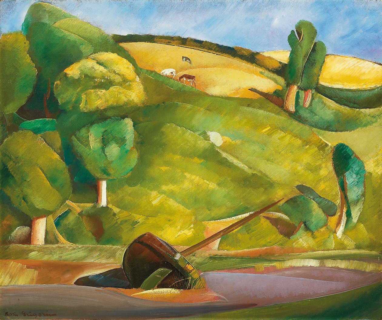 Barco à vela em uma paisagem cubista, início dos anos 1920 (óleo sobre tela) de Boris Dmitrievich Grigoriev