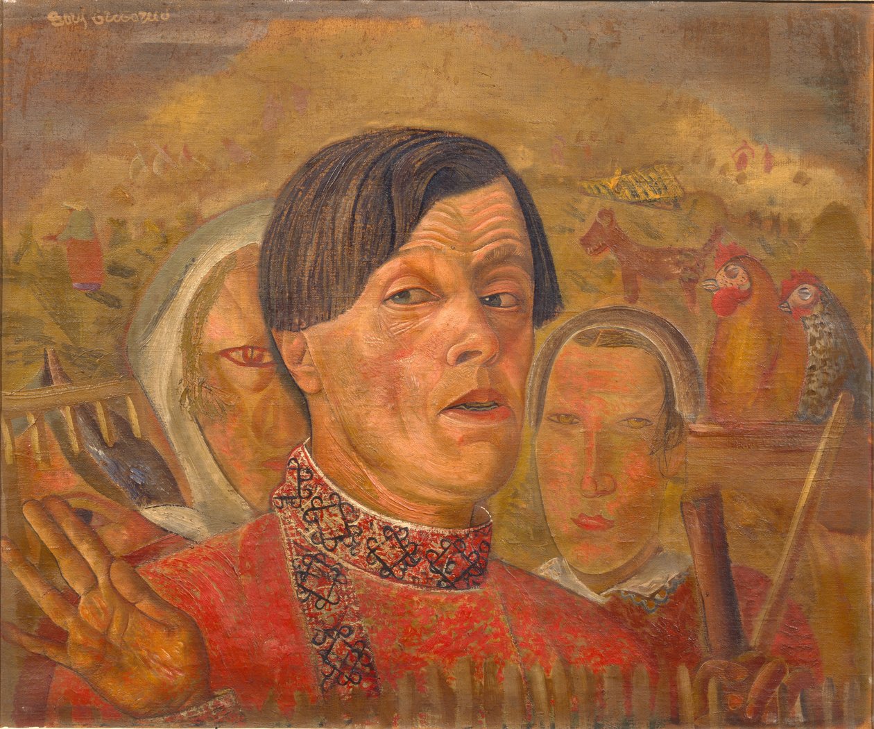 Auto-retrato com o galo e a galinha, c. 1924 de Boris Dmitrievich Grigoriev