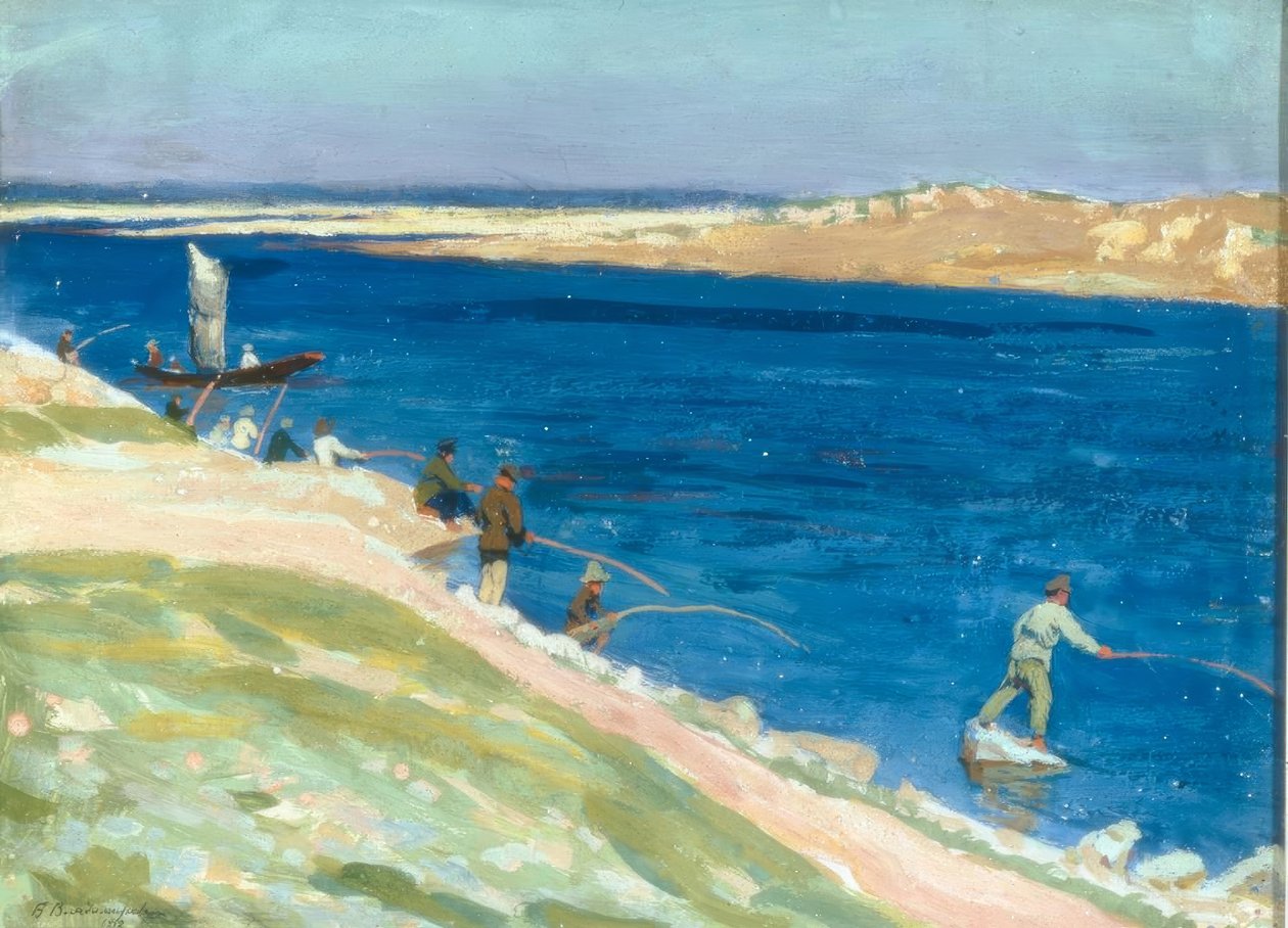 Paisagem fluvial com pescadores de Boris Jeremejewitsch Wladimirski