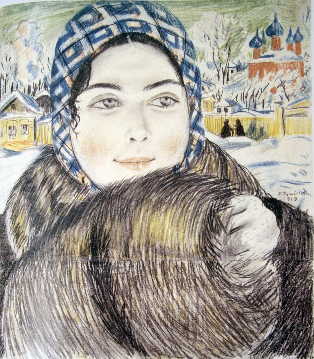 A esposa de um jovem comerciante em um lenço xadrez par Kustodiev, Boris Michaylovich (1878-1927) de Boris Mikhailovich Kustodiev
