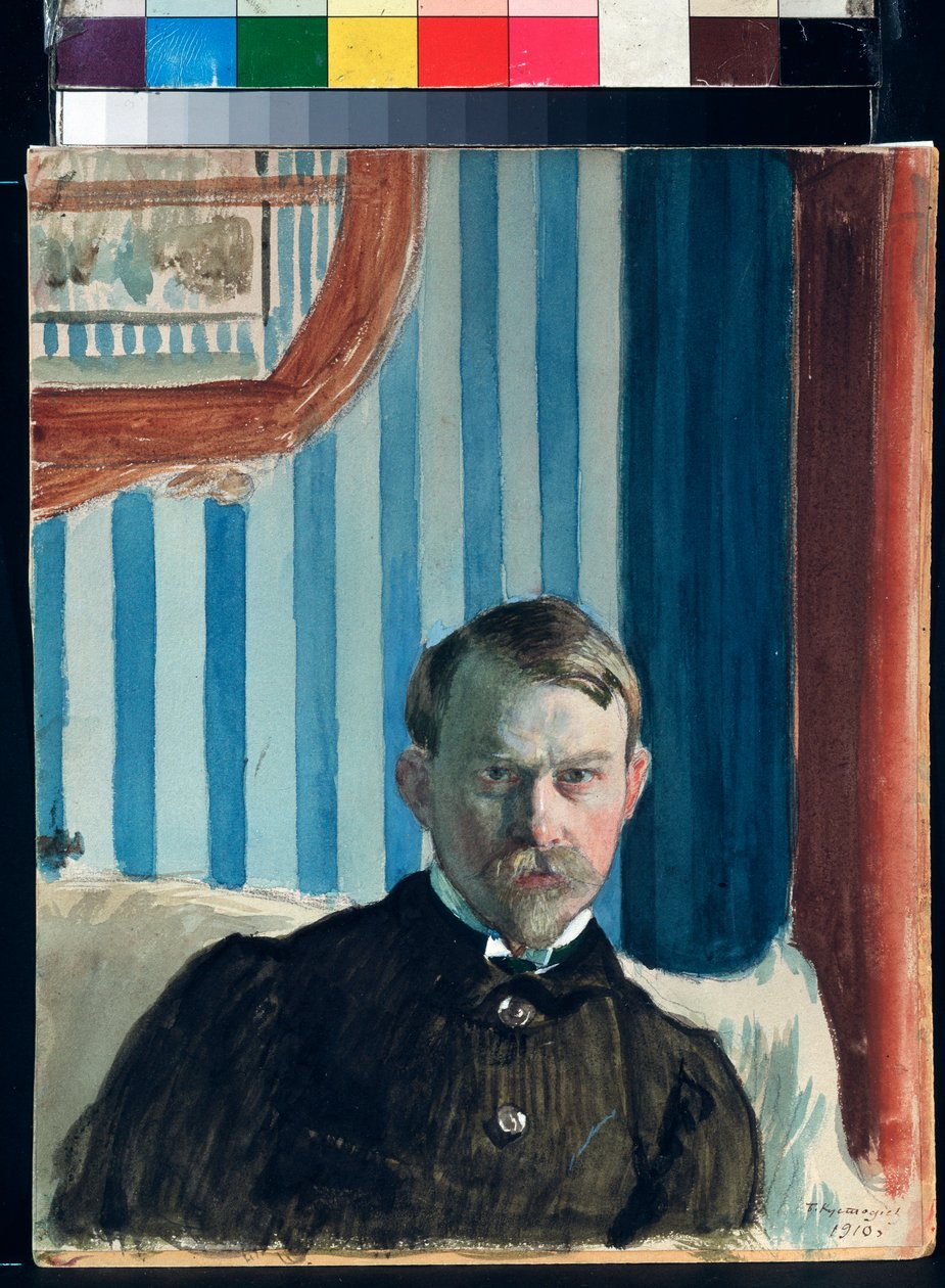 Auto-retrato - Trabalho de Boris Mikhailovich Kustodiev (1878-1927), aguarela, guache e tinta sobre papel de Boris Mikhailovich Kustodiev