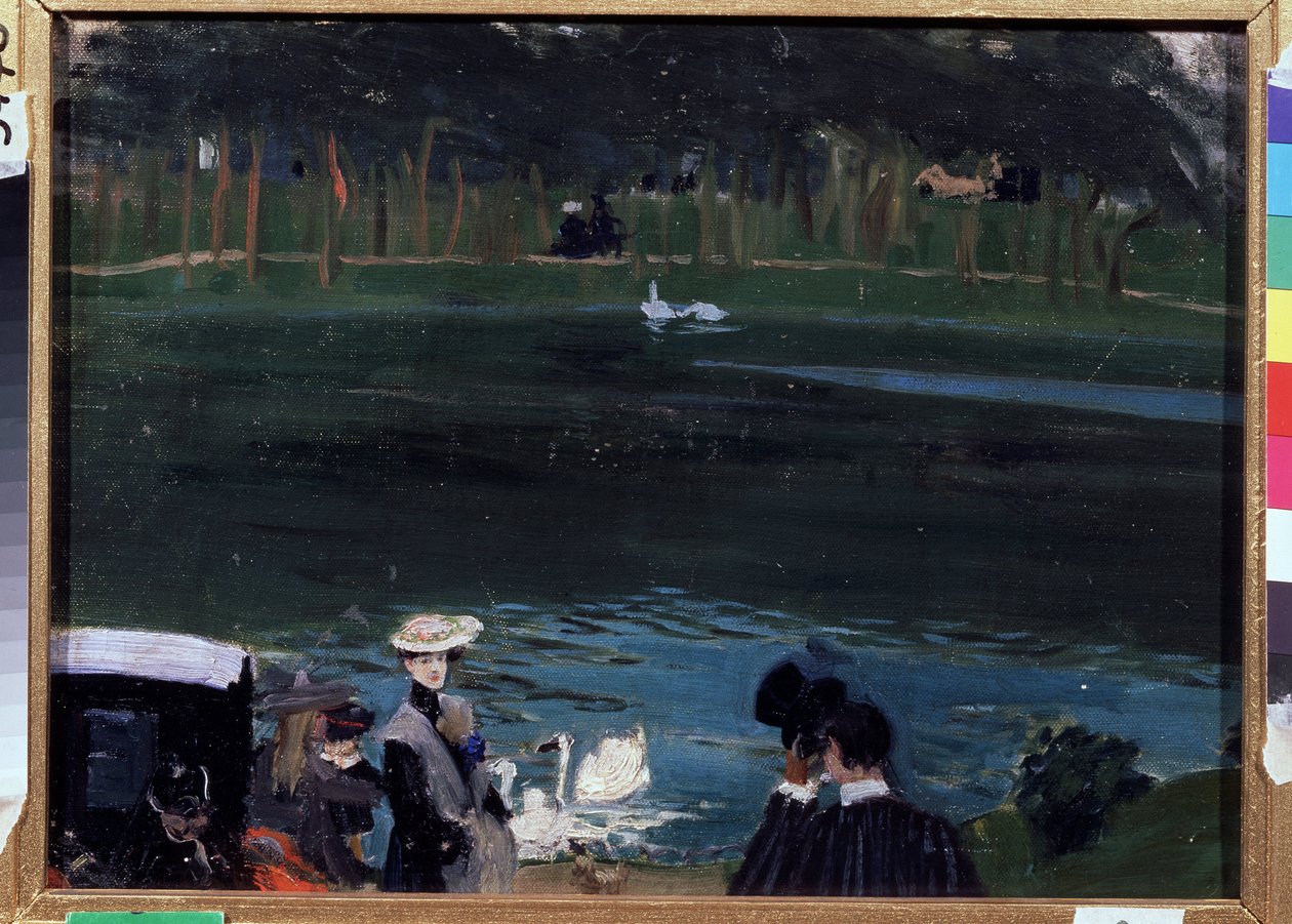 Bois de Bolonha. O lago com cisnes e caminhantes. Pintura de Boris Michaylovich Kustodiev (Kustodiev) (1878-1927), óleo sobre tela de Boris Mikhailovich Kustodiev