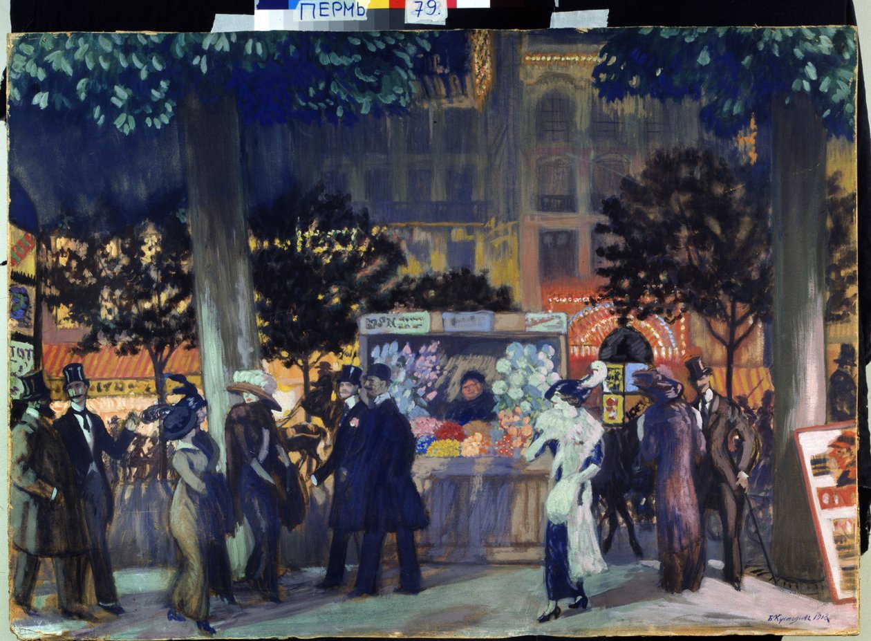 Boulevard em Paris, à noite. (Boulevard em Paris à noite). Descrição da animação noturna da vida parisiense, no verão. Você pode ver as colunas de Morris. Pintura de Boris Michaylovich Kustodiev (Kustodiev) (1878-1927), óleo sobre tela de Boris Mikhailovich Kustodiev