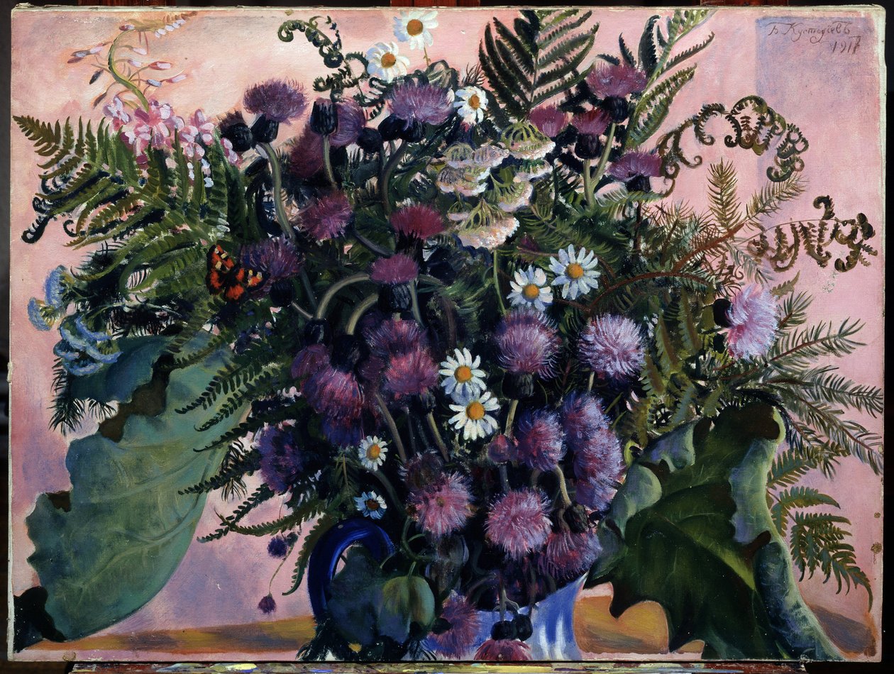 Buquê de flores finlandesas. (ramalhete de flores finlandês). Pintura de Boris Michaylovich Kustodiev (Kustodiev) (1878-1927), óleo sobre tela de Boris Mikhailovich Kustodiev