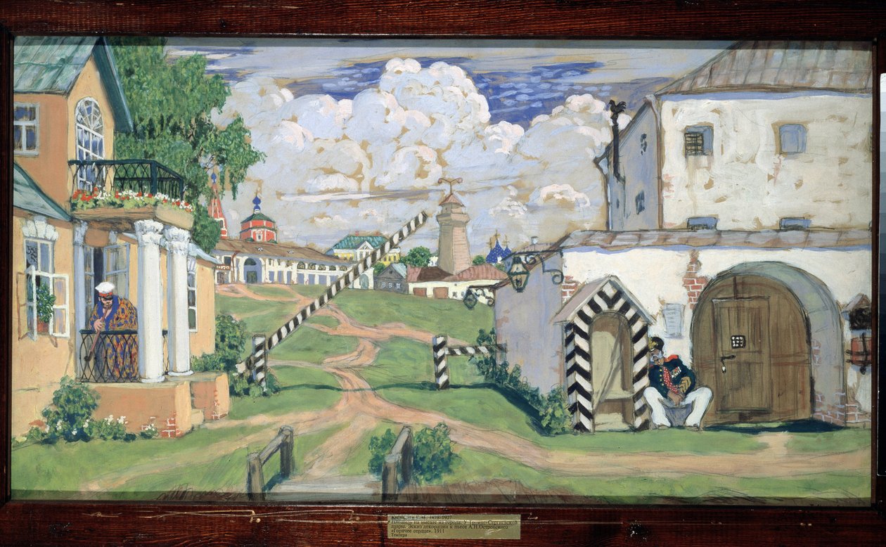 Decor preparatoire pour la piece de theatre ""Coeur ardent"" de Alexandre Ostrovski (1823-1886) (cenário para a peça de teatro The Fiery Heart de Alexander Ostrovsky) - Oeuvre de Boris Michalovich Kustodiev (Koustodiev) (1878-1927), guache e têmpera de Boris Mikhailovich Kustodiev