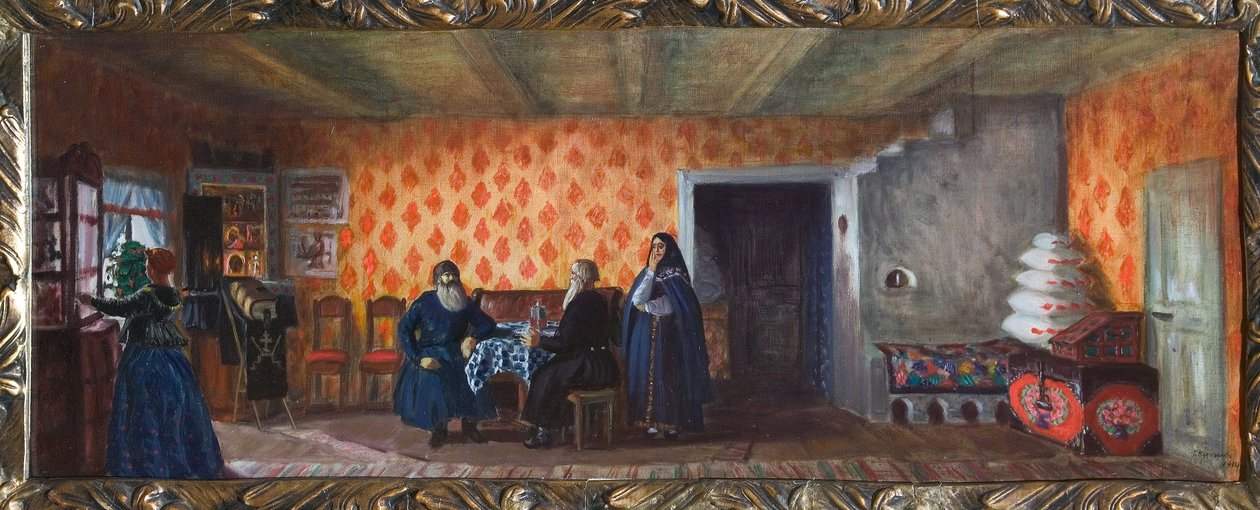 Decoração preparada para a peça de teatro "La mort de Pasukhin" de Mikhail Saltykov-Shchedrin (Saltykov Shchedrin, Saltykov-Chtchedrine, Saltykov Chtchedrine) (1826-1889) (Desenho do palco da peça de teatro "A morte de Pasukhin" de M. Saltykow Schtschedrin de Boris Mikhailovich Kustodiev