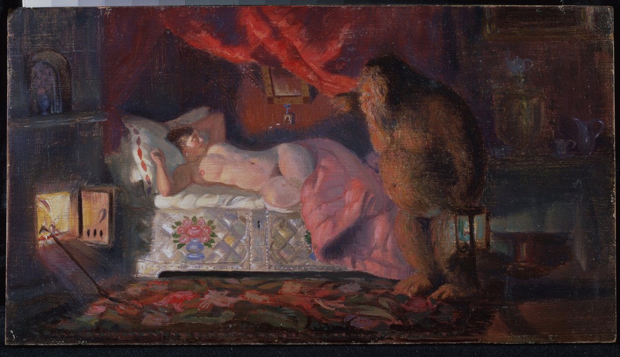 Domovoy Espiando A Esposa Comerciante Adormecida. Domovoy, um personagem de contos populares russos, ele é o protetor do lar e da família e é um personagem benevolente e caloroso. de Boris Mikhailovich Kustodiev