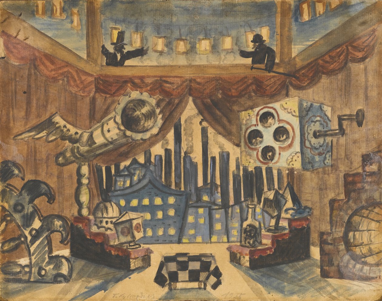Inglaterra. Cenografia para a peça de teatro A pulga de E. Zamyatin de Boris Mikhailovich Kustodiev