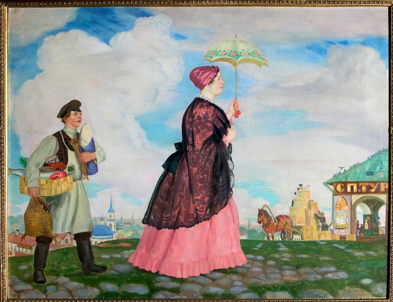 Mulher comerciante com suas compras. (Mulher do comerciante com compras). No caminho de volta, a mulher elegante sob seu guarda-sol é seguida por uma balconista que transporta suas compras. Pintura de Boris Michaylovich Kustodiev (Kustodiev) (1878-1927), ó de Boris Mikhailovich Kustodiev