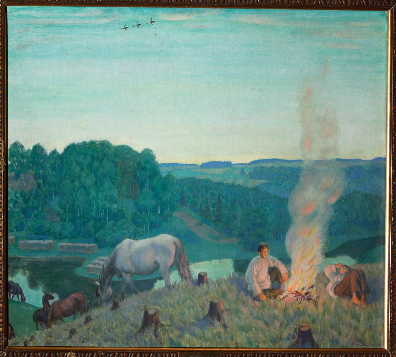 Fogueira. Uma paisagem de verão à noite, os jovens descansam à volta de uma fogueira na margem de um rio. À sua volta, silêncio, serenidade e cavalos pastam tranquilamente. Pintura de Boris Michaylovich Kustodiev (Kustodiev) (1 de Boris Mikhailovich Kustodiev