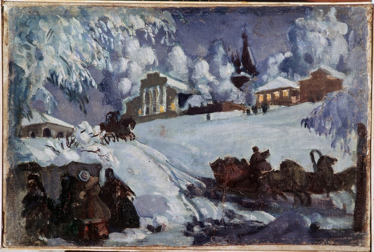 Inverno, trenós (Inverno. Passeio de trenó). Pintura de Boris Michaylovich Kustodiev (Koustodiev) (1878-1927), óleo sobre tela, por volta de 1920. Arte russa, início do século XX. Coleção privada. de Boris Mikhailovich Kustodiev