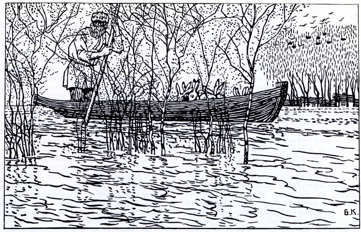 Ilustração para o poema Avô Mazay e as lebres de N. Nekrasov, 1910 de Boris Mikhailovich Kustodiev
