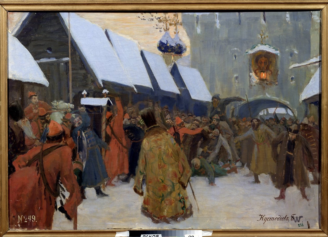 A Rebelião Popular contra os Boiardos (boiard, boiar). (Rebelião Popular contra The Boyars). Cena de rua no Grande Ducado de Moscovo, revolta popular contra a velha nobreza russa de Boris Mikhailovich Kustodiev
