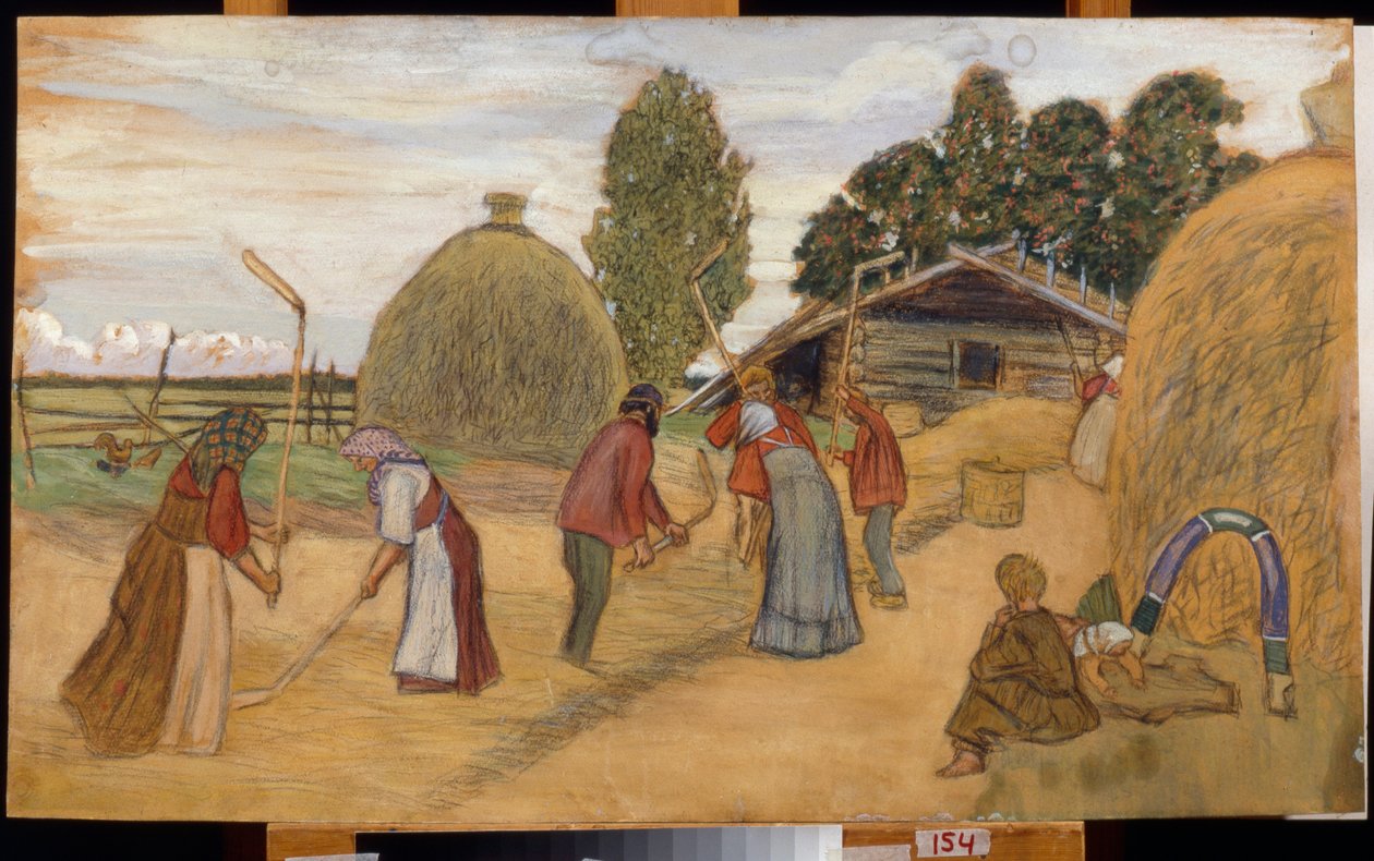 Threshing Floor - Trabalho de Boris Michaylovich Kustodiev (Kustodiev) (1878-1927), pastel a bordo, 59x100 cm de Boris Mikhailovich Kustodiev