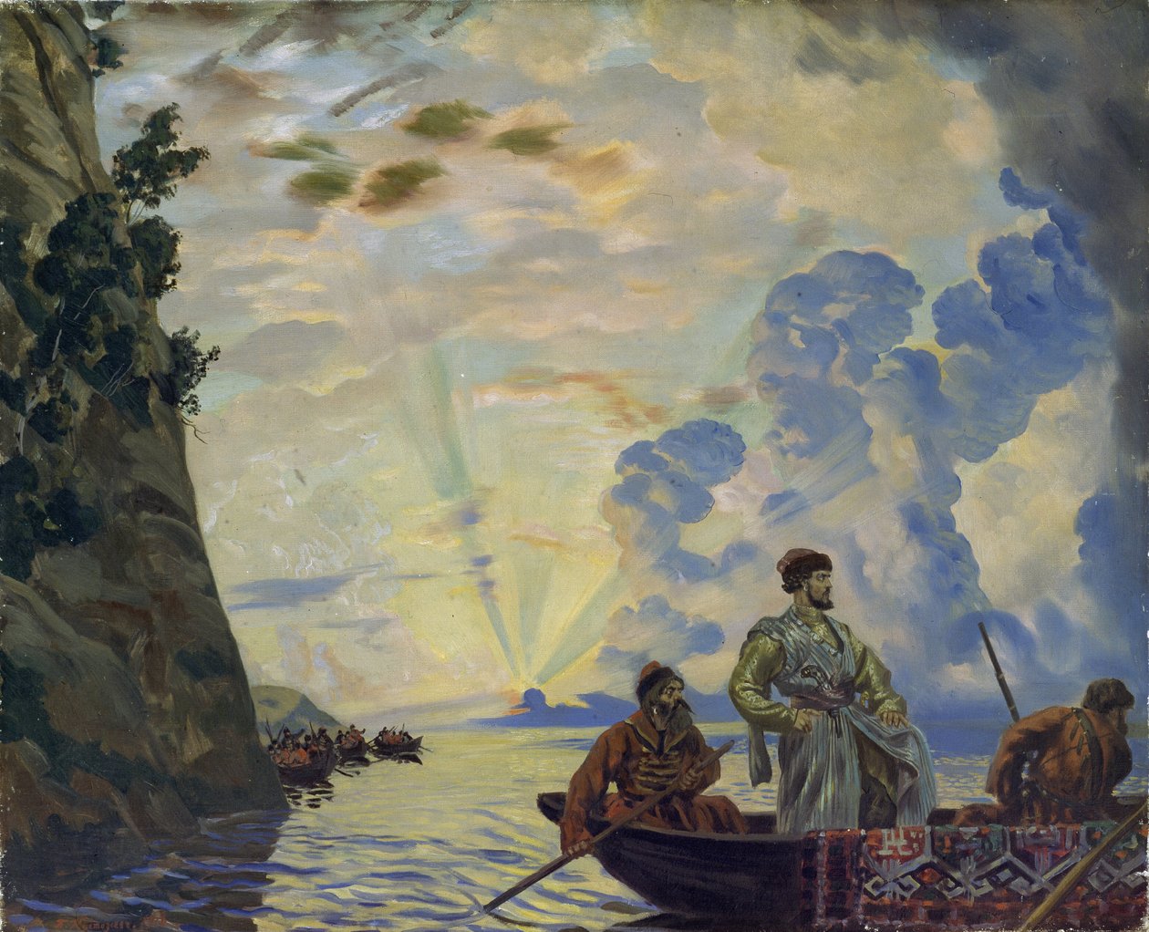 O líder cossaco Stepan (Stenka) Timofeievitch Razine (1630-1671) num barco. Liderou uma revolta contra a nobreza e a burocracia czarista no sul da Rússia (Stepan Razin). Pintura de Boris Michaylovich Kustodiev (Koustodiev) (1878-192 de Boris Mikhailovich Kustodiev