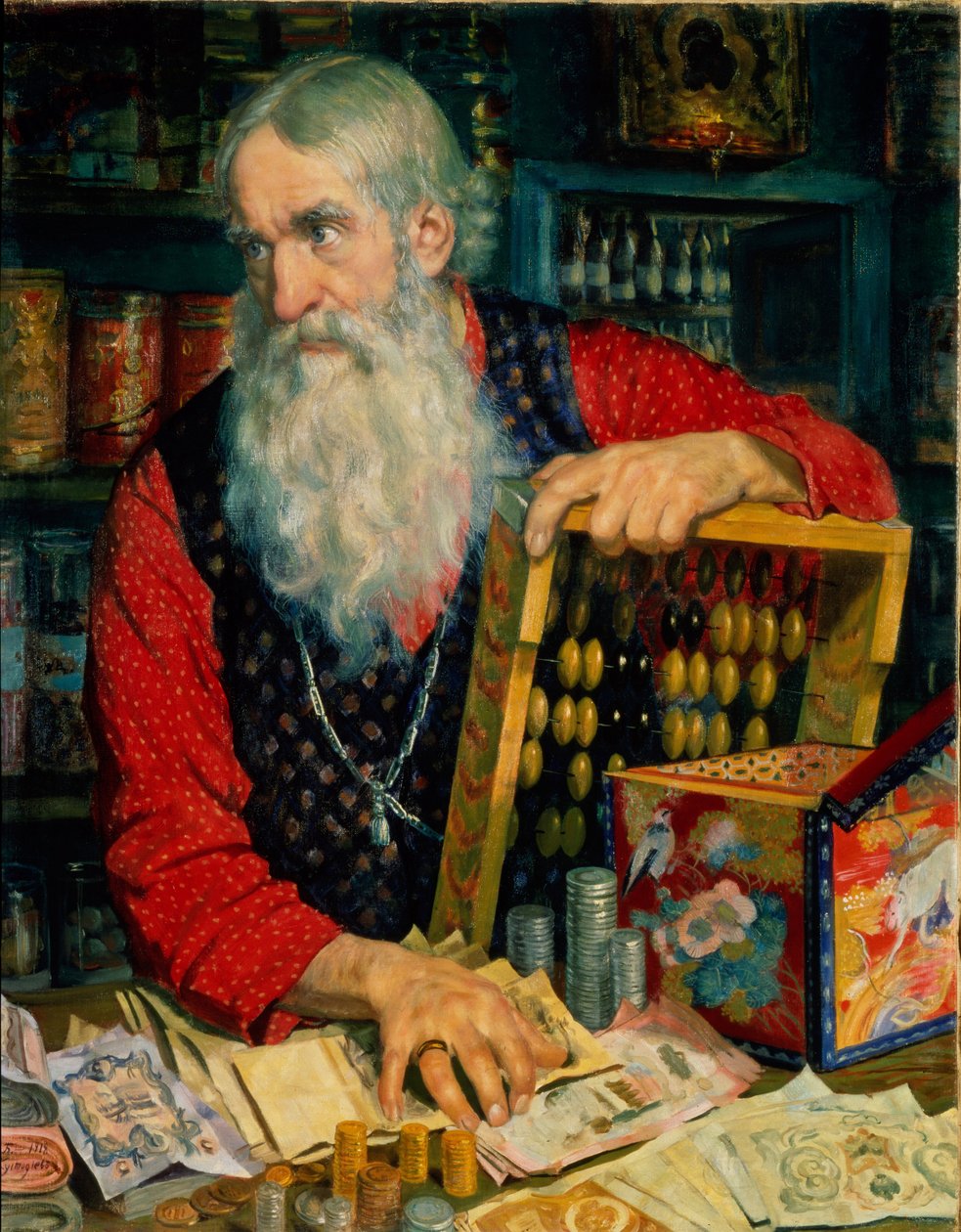O comerciante (velho com dinheiro e um ábaco). Pintura de Boris Michaylovich Kustodiev (Kustodiev) (1878-1927), óleo sobre tela de Boris Mikhailovich Kustodiev