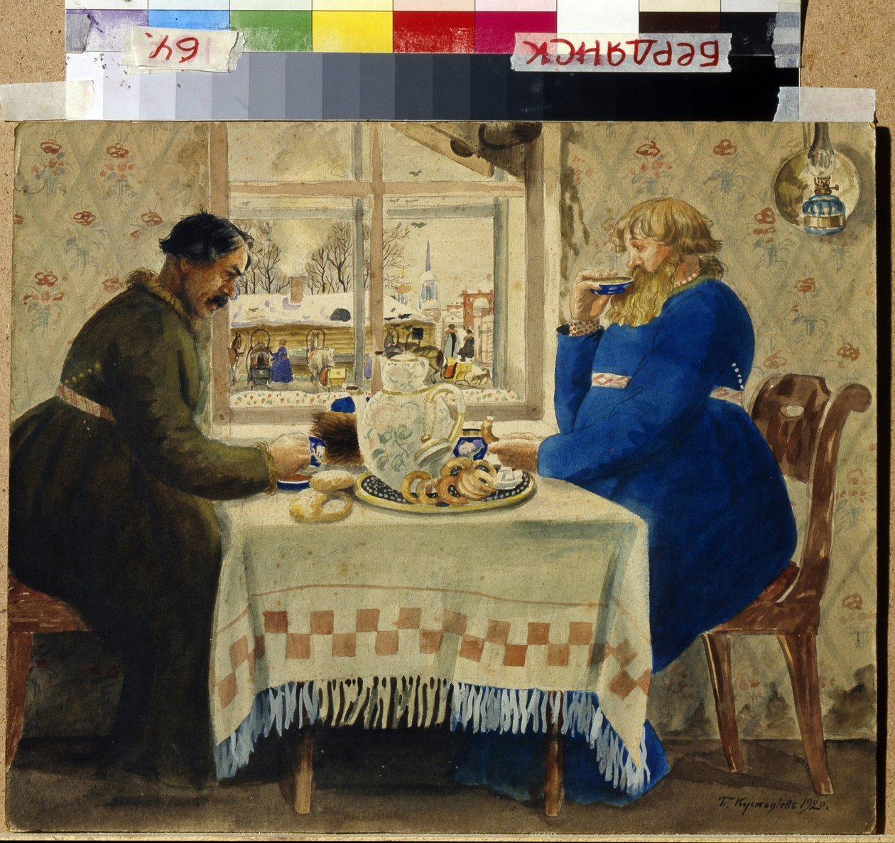 Os Coachmen. Dois homens bonitos comem bolos e pãezinhos enquanto bebem chá. Através da janela, as carruagens e os trenós estão alinhados no pátio. Trabalho de Boris Michaylovich Kustodiev (Kustodiev) (1878-1927), aguarela s de Boris Mikhailovich Kustodiev
