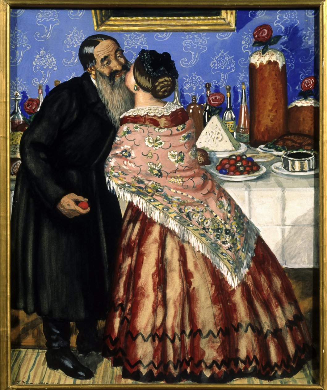 Saudações pascais (um casal se beija perto da mesa com a ceia pascal) (A saudação pascal) - Pintura de Boris Michaylovich Kustodiev (1878-1927), têmpera sobre papelão de Boris Mikhailovich Kustodiev