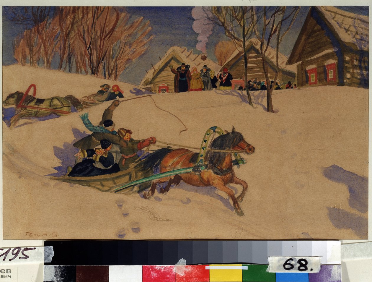 Mardi Gras (Entrudo). Crianças felizes giram em trenós puxados por cavalos, na neve, em frente à aldeia com as casas de madeira. Os adultos reunidos os cumprimentam. Obra de Boris Michaylovich Kustodiev (Koustodiev) (1878-1927), aquarela de Boris Mikhailovich Kustodiev